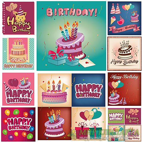 С днем рождения, векторные фоны с тортом, воздушными шарами и свечами