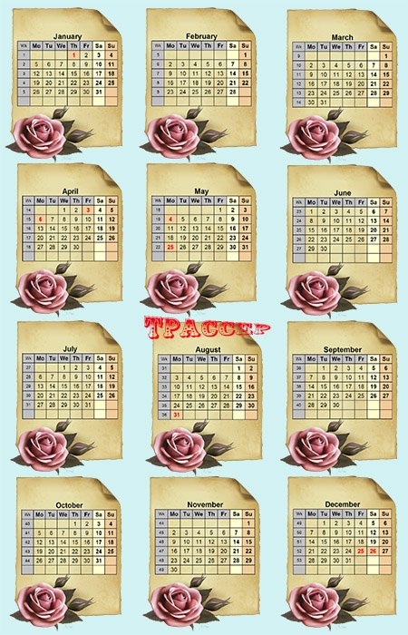 Календарная сетка на 2015 год – Свиток и алая роза