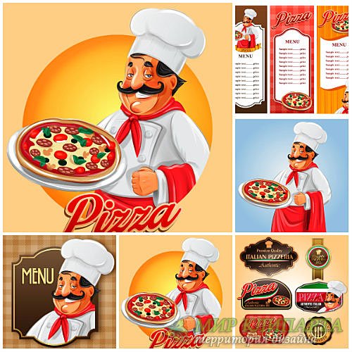 Пицца, повар с пиццей, меню в векторе / Pizza chef with pizza, menu vector