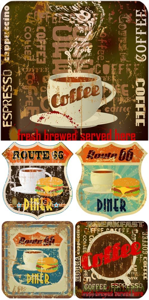 Винтажные продуктовые этикетки и фоны, кофе в векторе / Vintage food labels