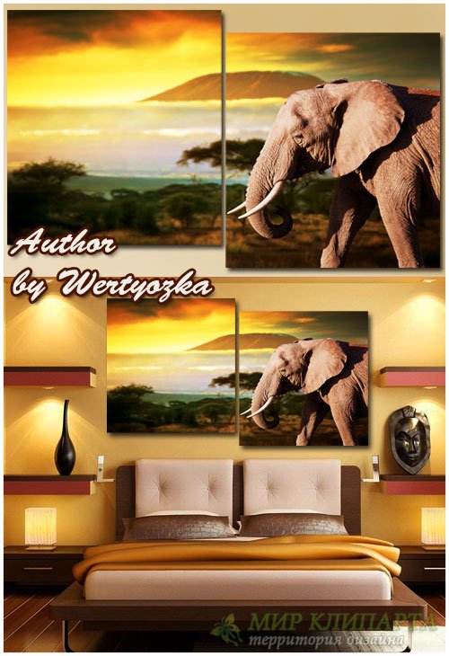 Модульная картина, диптих - Слон,чудесный закат