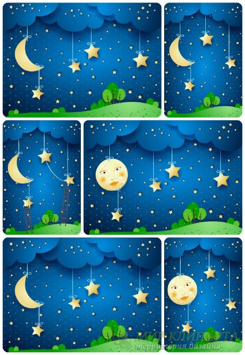Ночное небо в векторе, луна, солнце / Vector night sky, the moon, the sun 