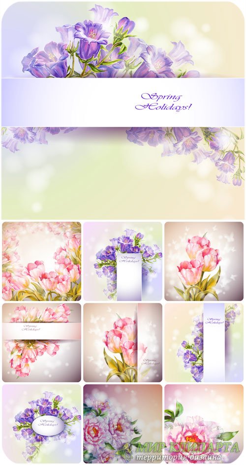 Тюльпаны колокольчики и пионы, цветочные векторные фоны / Floral vector backgrounds