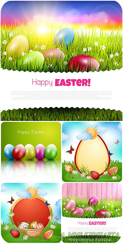 Пасхальный вектор с пасхальными яйцами, цветами и бабочками / Easter background with Easter eggs