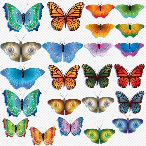Клипарт- разноцветные красивые бабочки на прозрачном фоне