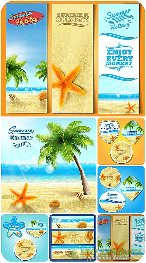 Морские летние фоны и баннеры в векторе, море и пальмы / Sea summer backgrounds