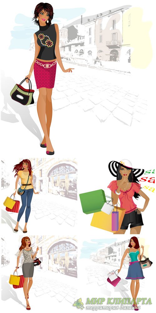 Модные девушки в векторе, поход за покупками / Fashion girls vector, shopping trip