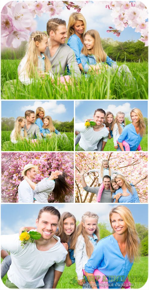 Счастливая семья на природе, родители, дети / Happy family in nature, parents, children - Stock photo