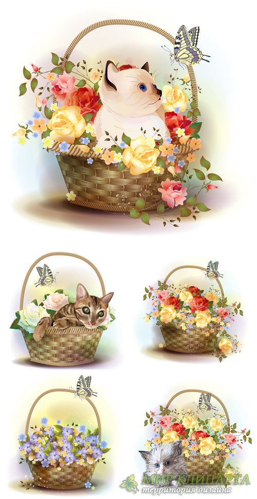Корзины с цветами и котятами, вектор / Baskets of flowers and kittens, vector
