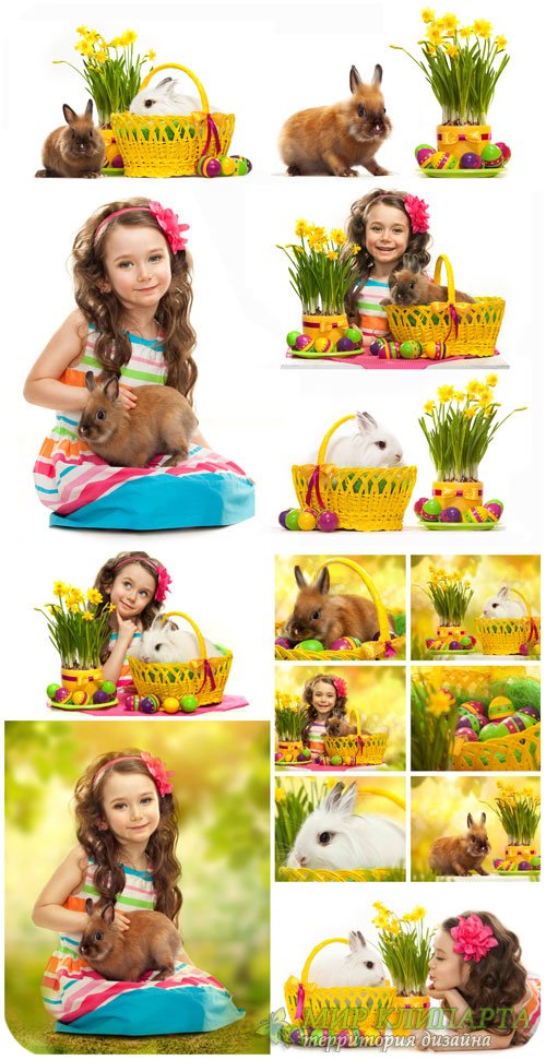 Пасха, девочка с пасхальным кроликом / Easter girl with Easter bunnies - Stock photo