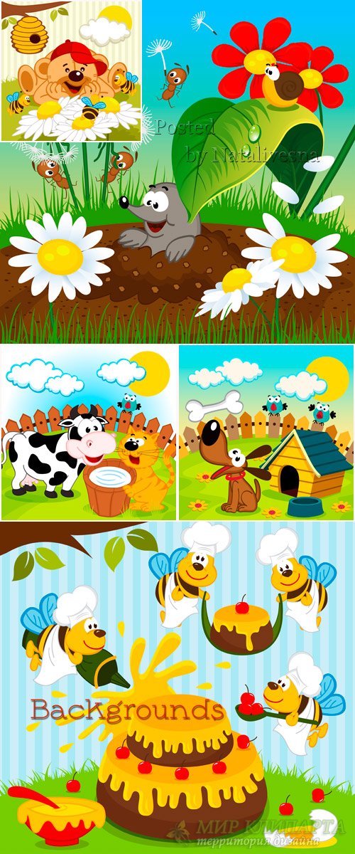 Детские фоны в Векторе с яркими цветами и животными