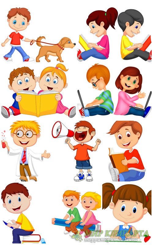 Дети в векторе, мальчики и девочки с книжками / Vector children, boys and girls with books