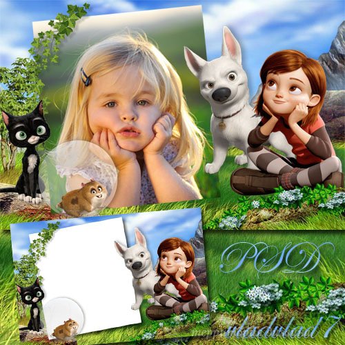 Детская рамка для фотошопа с персонажами мультфильма Вольт - На природе