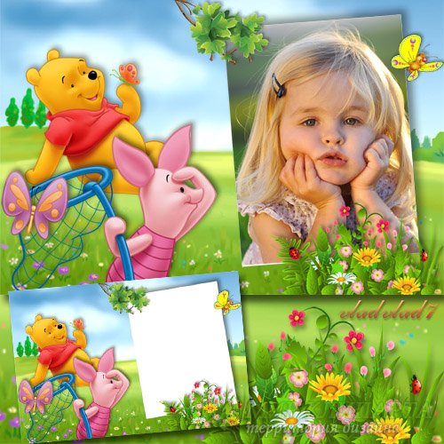 Детская рамка для фотошопа с Винни-Пухом и Пятачком - Ловим бабочек
