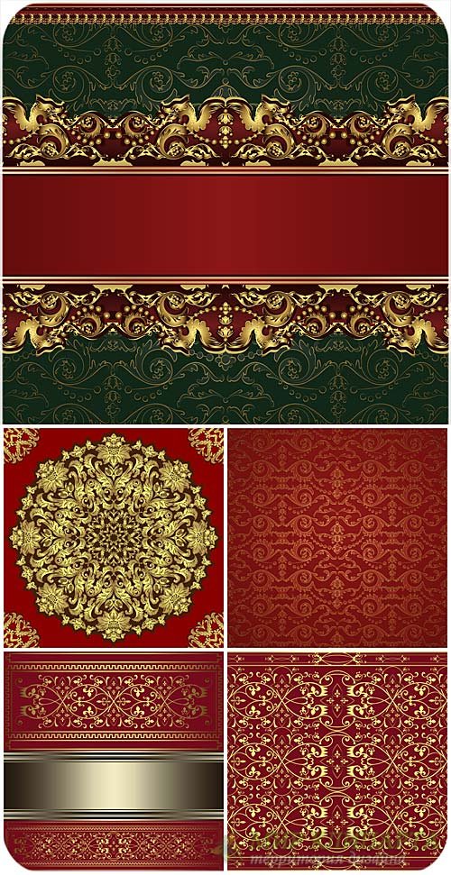 Красные векторные фоны с золотыми винтажными узорами / Red vector background with golden vintage pattern