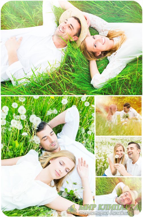 Романтичная пара на природе с одуванчиками / Romantic couple in nature with dandelions - Stock photo