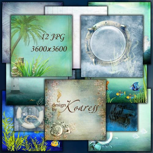 Набор морских фонов для фотошопа с водорослями, рыбками, чайками, ракушками