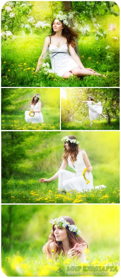 Девушка в цветочном венке, природа / Girl in a flower wreath, nature - Stock Photo