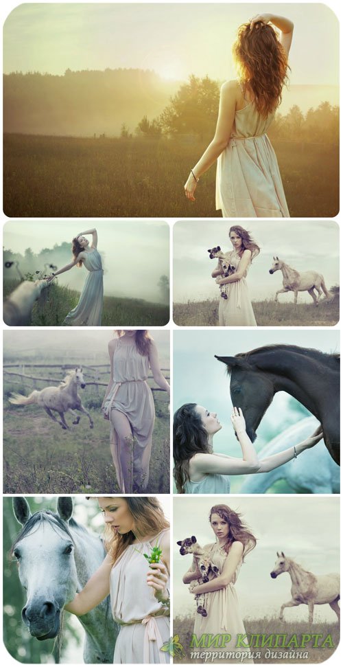 Девушки, природа, лошади / Girl, nature, horse - Stock Photo