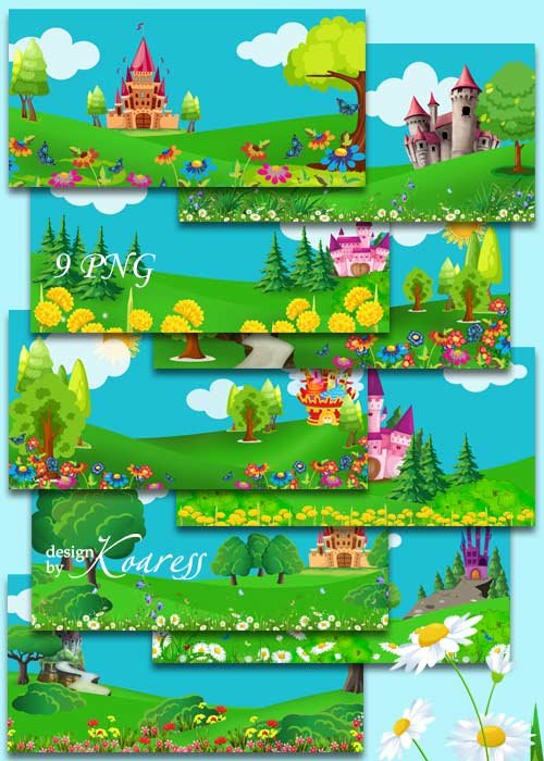 Детские сказочные фоны со сказочными нарисованными замками, цветами, деревьями