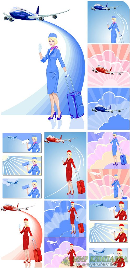 Путешествия, стюардесса и авиатранспорт в векторе / Travel, stewardess, aviation vector