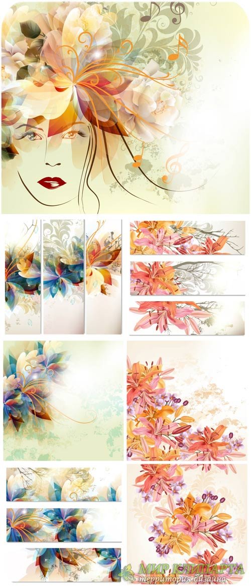 Фоны и баннеры с цветами, лилии в векторе / Backgrounds and Banners with flowers, lilies vector