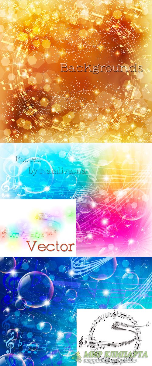 Музыкальные фоны в Векторе с золотыми бликами, прозрачными шарами и музыкальными нотами