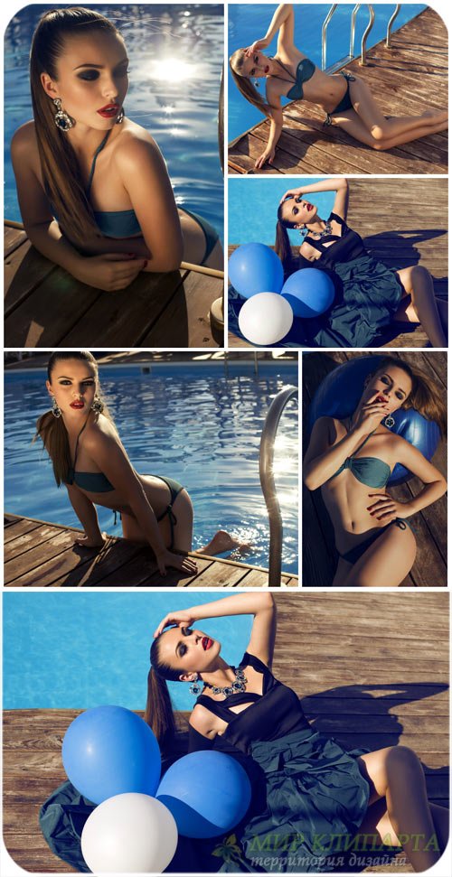 Девушка с воздушными шарами у бассейна / Girl with balloons at the pool - stock photo
