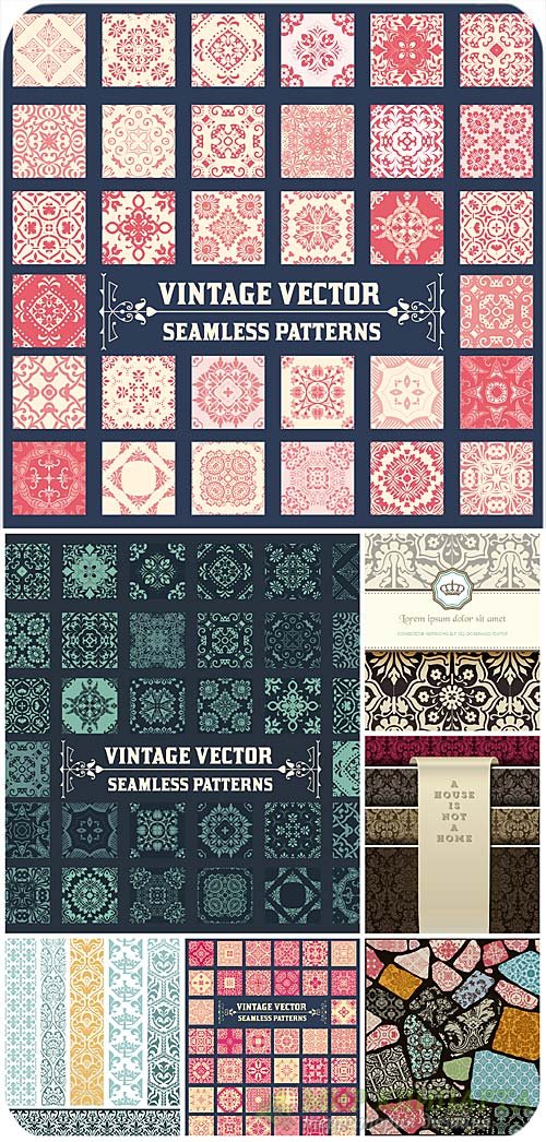 Винтажные векторные фоны, бесшовные узоры / Vintage vector backgrounds, seamless patterns