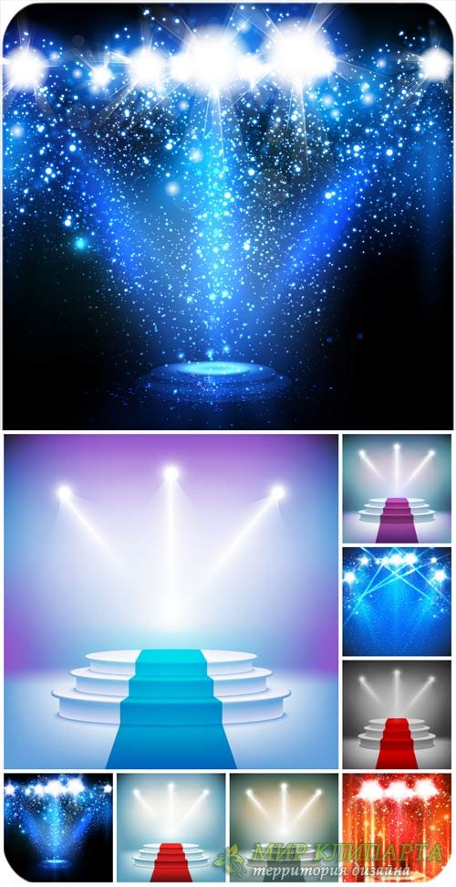 Сцена с прожекторами, сияющие фоны / Stage with spotlights shining backgrounds