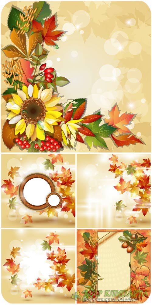 Осенние векторные фоны с подсолнухами и листьями / Autumn vector background with sunflowers and leaves