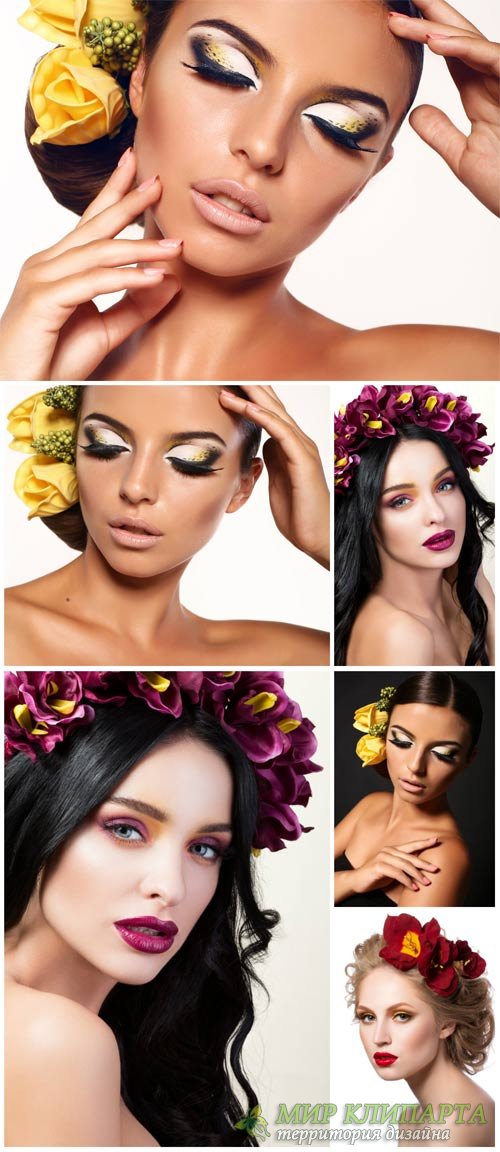 Красивые женщины с цветами в волосах / Beautiful woman with flowers in her hair - Stock Photo