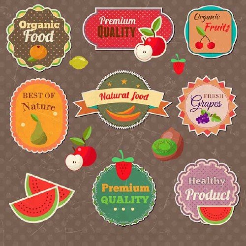 Набор векторных наклеек и этикеток с фруктами