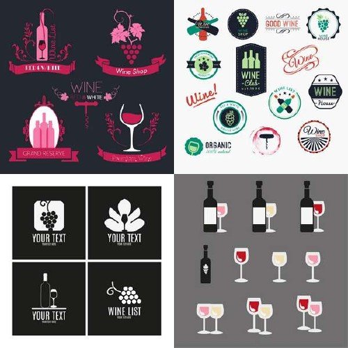 Винные бокалы, бутылки, логотипы и этикетки в векторе