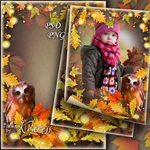 Детская фоторамка с осенней листвой, цветами и симпатичным филином - Осенний лес