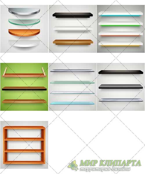Разной формы полки и стойки, стеклянные, деревянные | Different forms of shelves and racks, glass, wood, вектор