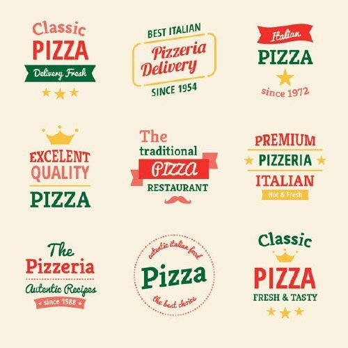 Ломтики пиццы и логотипы к ней в векторном варианте