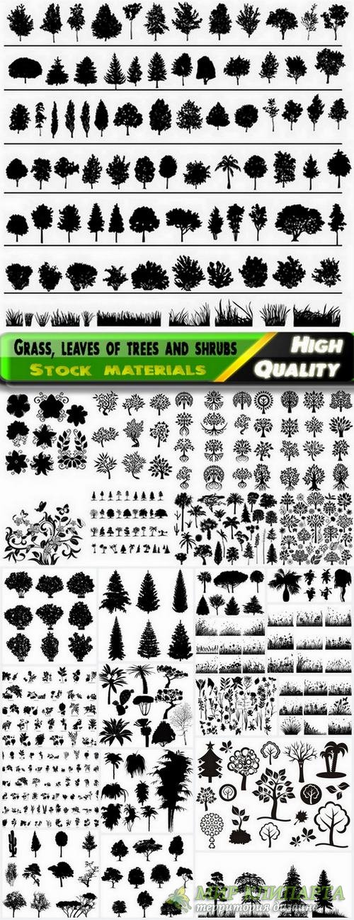 Silhouettes of grass leaves of trees and shrubs - 25 Eps