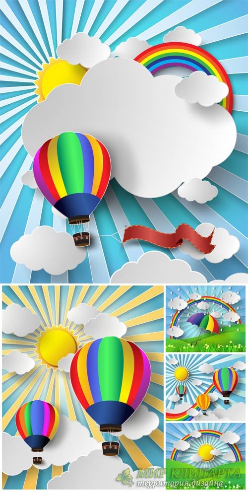 Воздушный шар в небе, векторные природные фоны / Hot air balloon in the sky