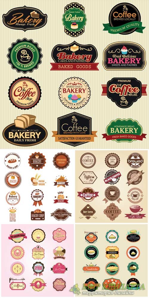 Продуктовые этикетки в векторе, хлеб, кофе / Food labels vector, bread, coffee