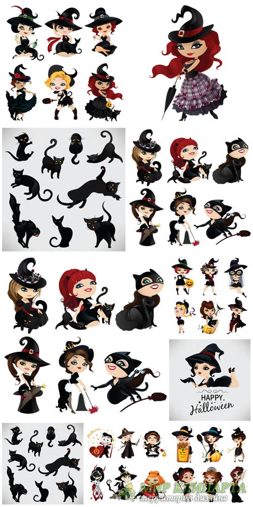 Хэллоуин в векторе, маленькие ведьмы и черные коты / Halloween vector, little witches and black cats