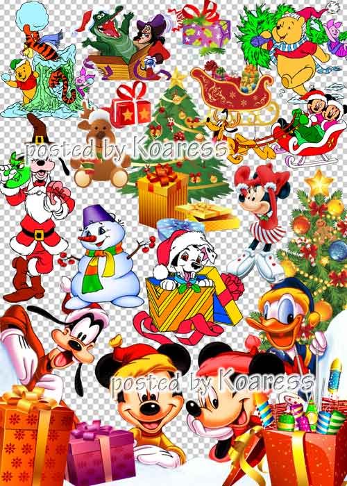 Детский новогодний, рождественский клипарт для фотошопа на прозрачном фоне - Герои любимых мультфильмов, елки и подарки