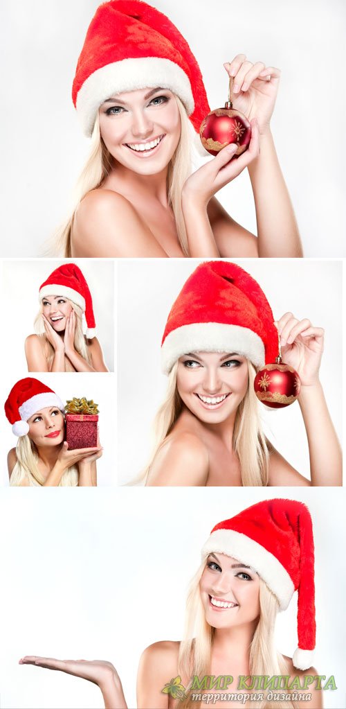 Beautiful blonde girl in santa hat - Christmas stock photos