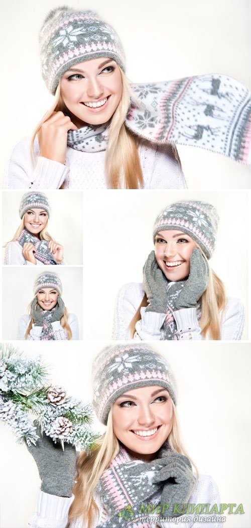 Beautiful blonde girl in hat and scarf - winter stock photos