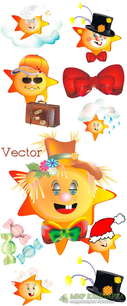 Подборка детского векторного клипарта – Забавное солнышко в шляпе  