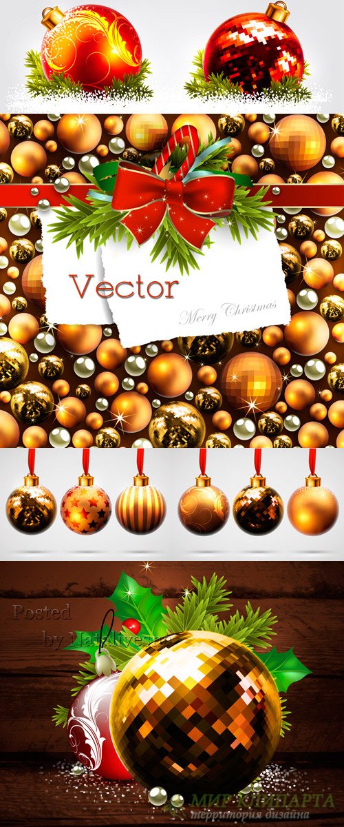 Новогодние фоны в Векторе с елочными шарами и жемчугом  