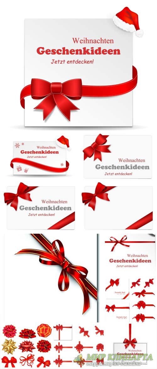 Holidays white cards with red ribbons, vector