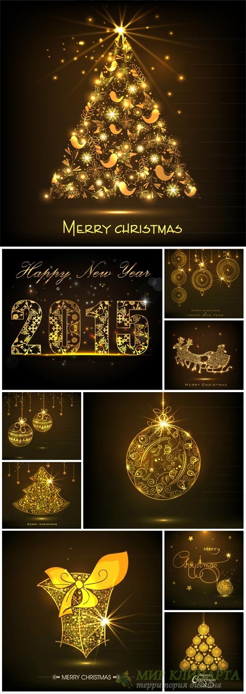 Christmas vector, golden tree, glittering balls