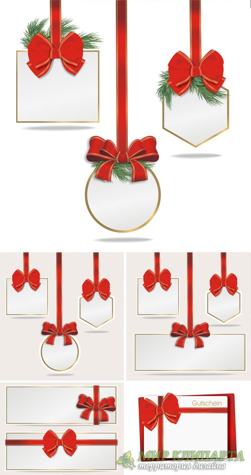 Holidays white cards with red ribbons, vector #2