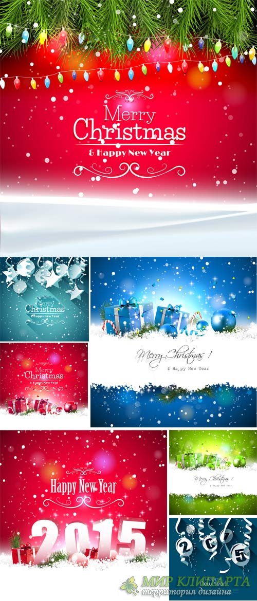 Christmas and New Year, vector backgrounds with Christmas baubles and gifts